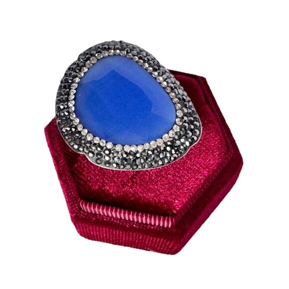 NEW ZSA ZSA Cocktail Ring Blue Cat's Eye Swarovski Adjustable Sterling Silver - Picture 9 of 10
